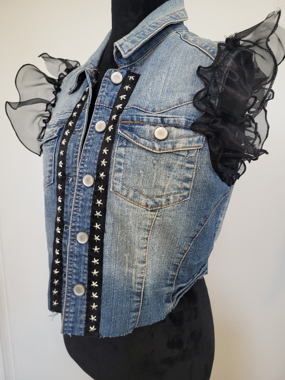 Denim Crop Vest with Black Ruffled Organza Sleeves